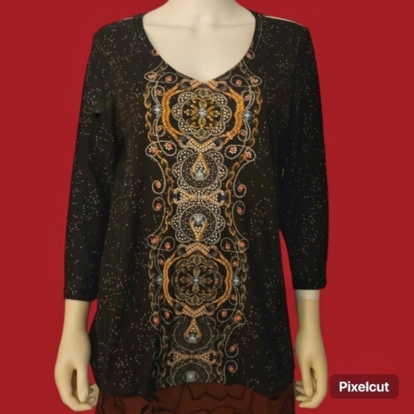 3/$30 LAURA SCOTT Gray Geometric Tribal Mandala Pattern V-Neck Blouse - Picture 1 of 9